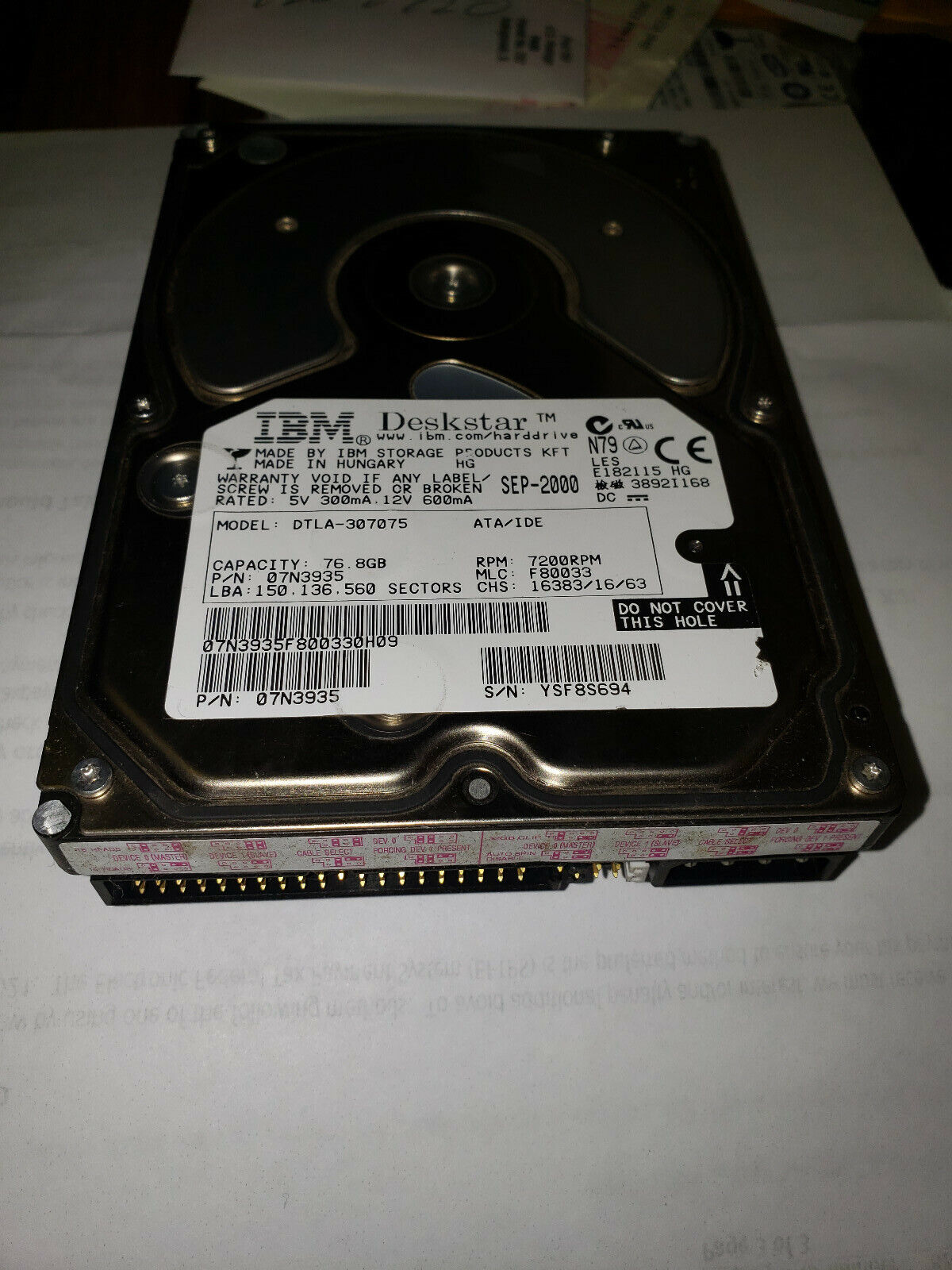 Hard Drive Disk IDE IBM Deskstar DTLA-307075 07N3935 24P6052 07N5786-F80421 6KR9