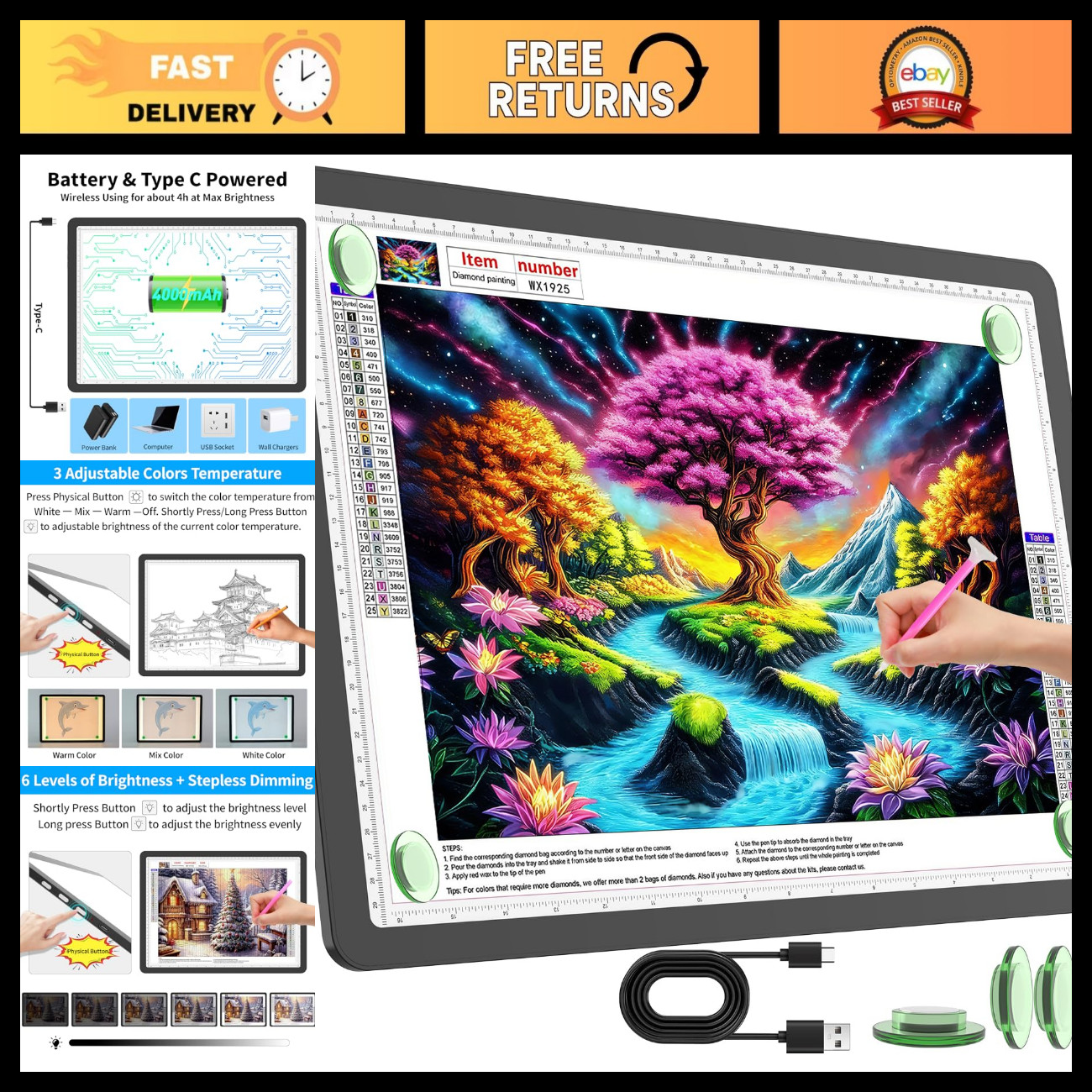 Rechargeable A3 Light Pad - Ultra Bright Tracing Light Box for Diamond Painting