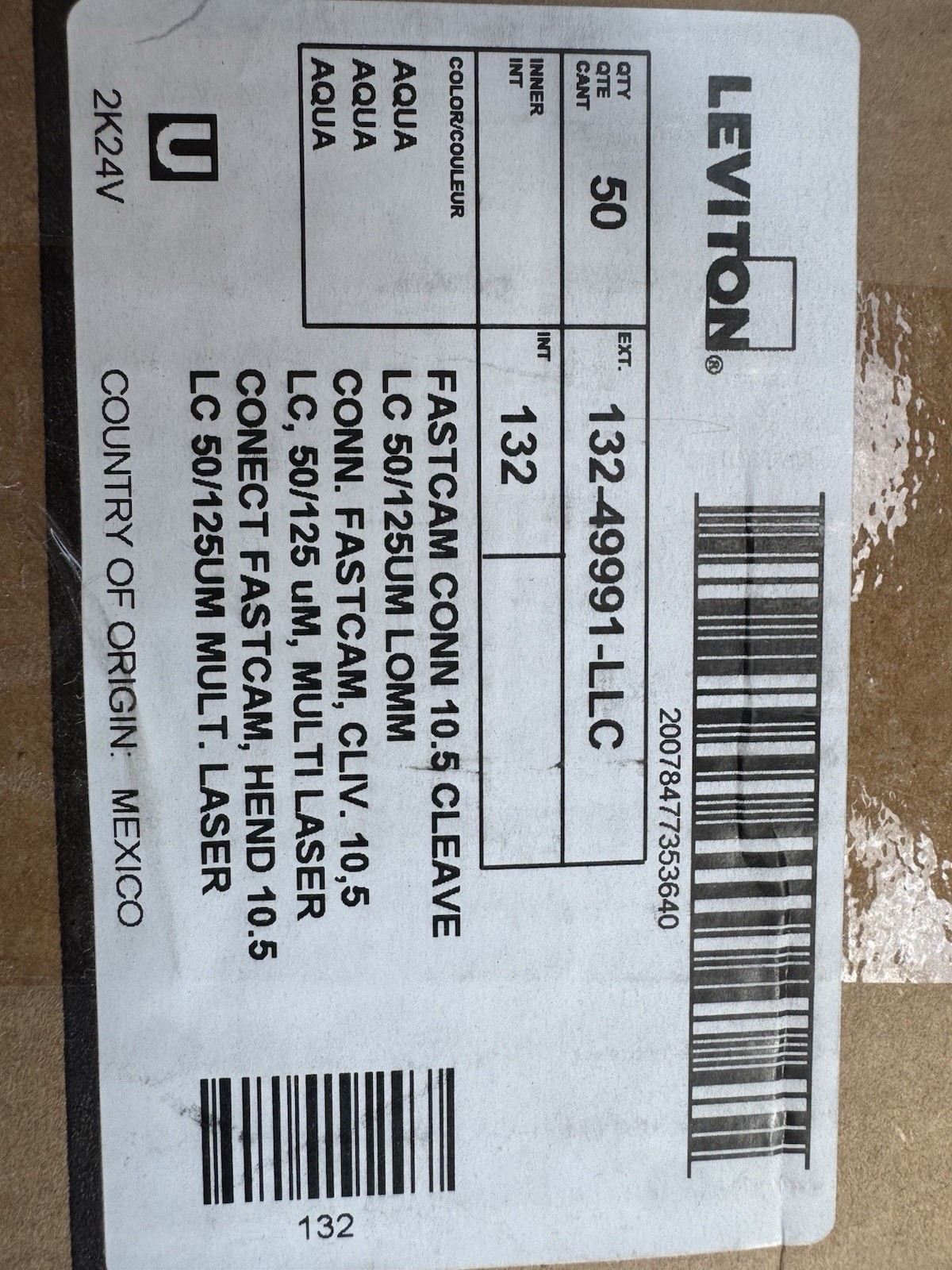 (BOX OF 50) Leviton 49991-LLC FASTCAM Pre Polished Fiber Optic Connector LC OM3