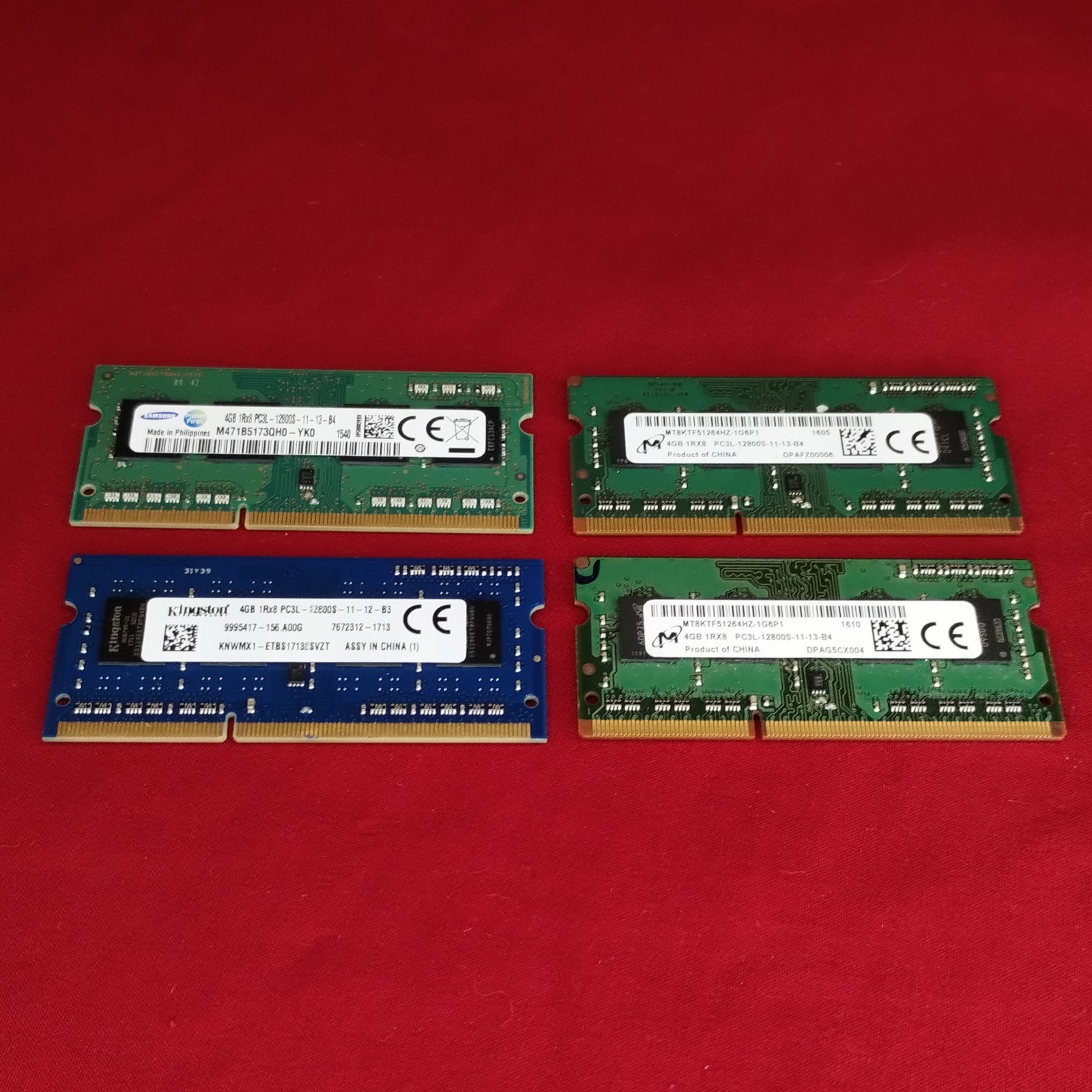 Mixed Lot of Laptop RAM - 4 x 4GB - DDR3 1Rx8 PC3L-12800S - 16GB Total Memory