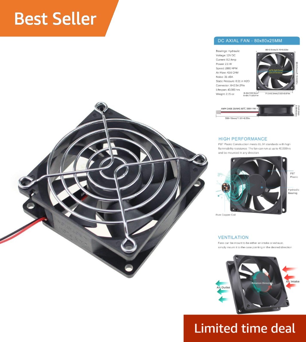 High Performance 80x80x25mm 12V DC Fan for PC and Appliances
