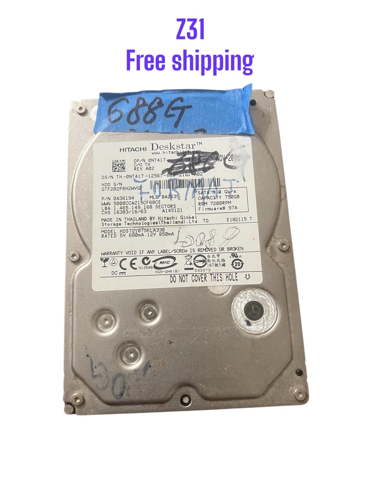 Hitachi HDS721075KLA330 PN:0A36194 MLC:BA2635 750gb 3.5" Sata HDD