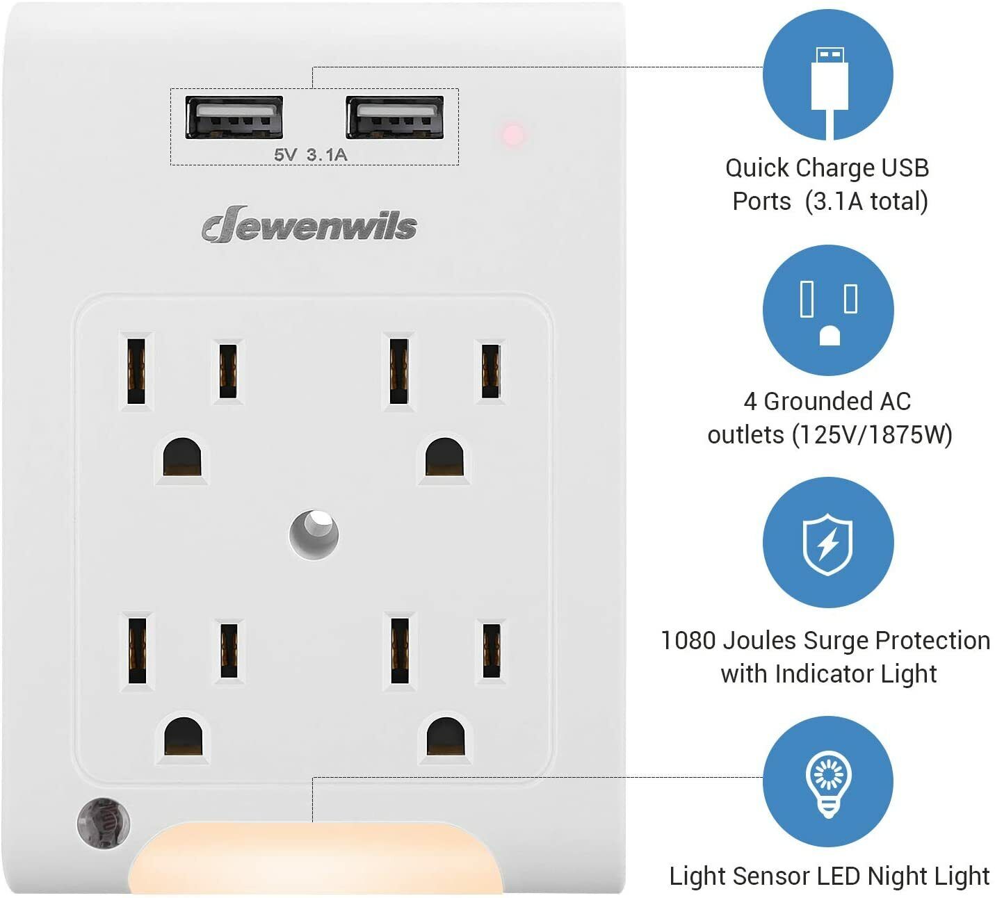 DEWENWILS Multi Outlet Adapter with 2 USB Charging Ports 4 Outlets 1080 J Sensor