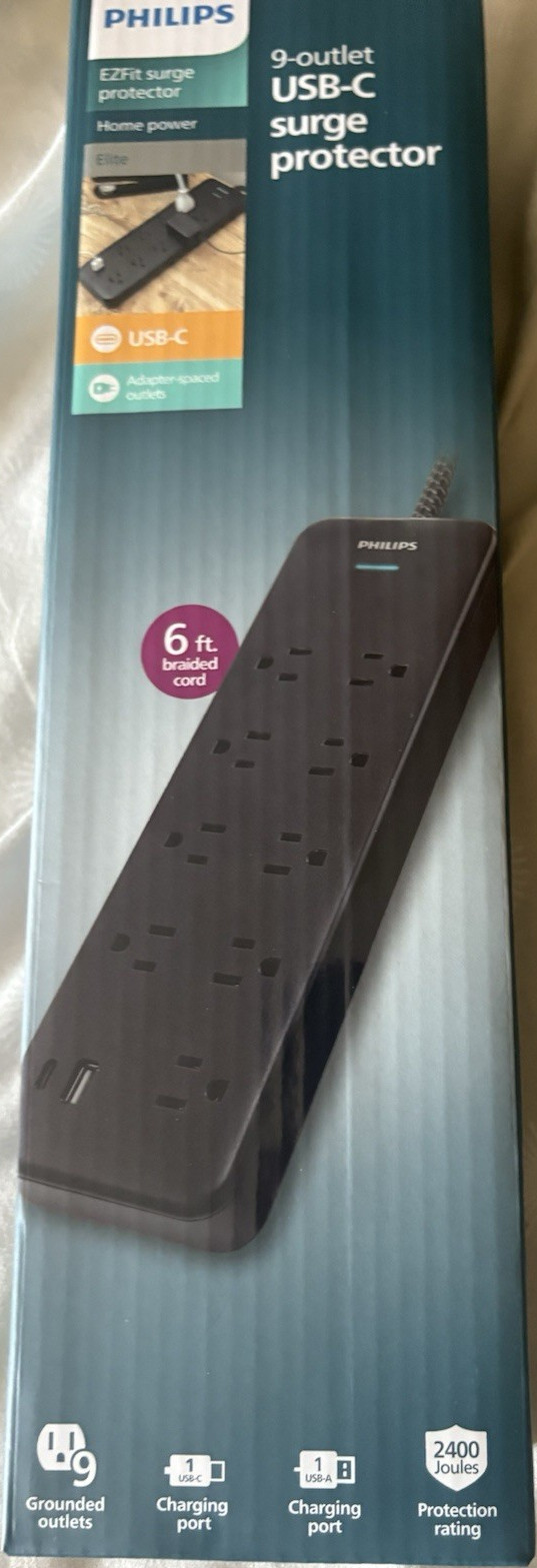 Philips EZFit USB-C 9-Outlet Surge Protector, 6 ft Cord, 2400J, 120V