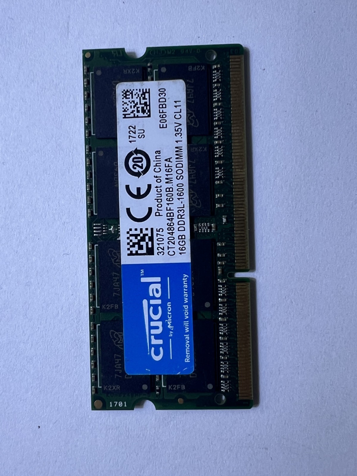 Crucial 16GB (1x16GB) PC3-12800 DDR3L-1600 SODIMM CT204864BF160B.M16FA RAM 1.35V