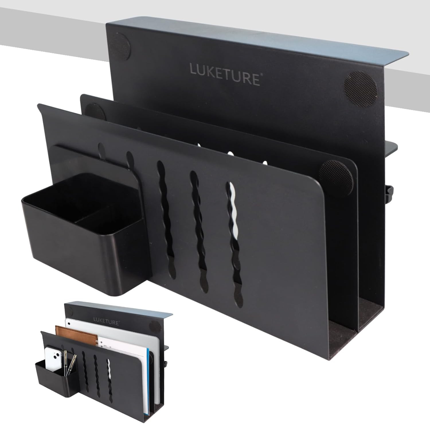 LUKETURE Desk Side Storage, 2 Tie Laptop Holder No Drill Clamp on Organizer