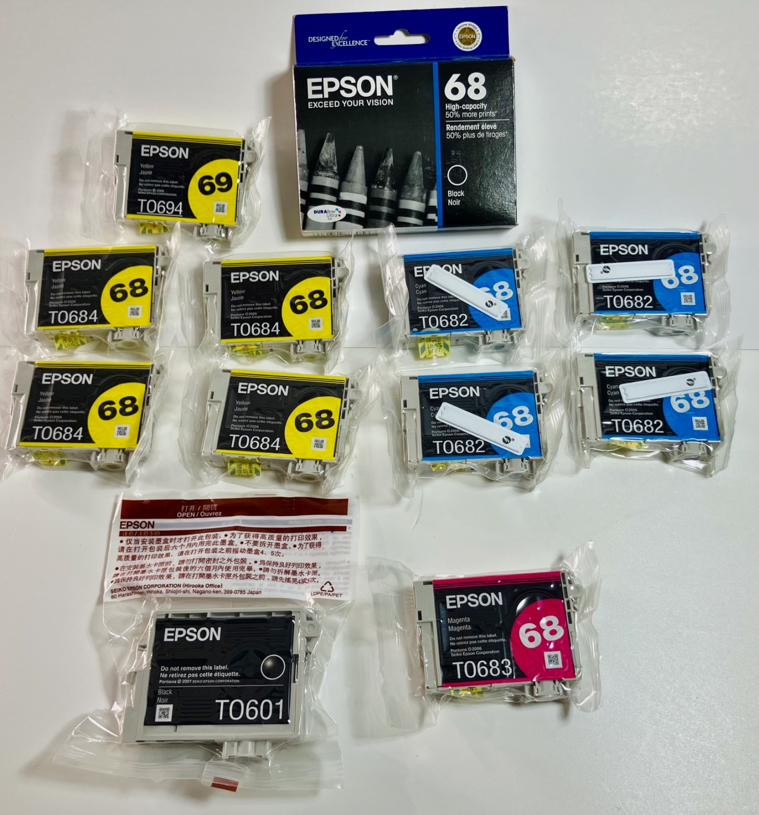 Lot of 12 Epson 68/69 Black, Cyan, Yellow, Magenta Ink Cartridges - NEW + SEALED