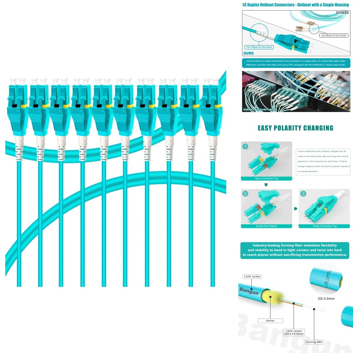 Bangun Uniboot LC to LC OM3 10PACK 10m (30ft) Multi-Mode Fiber Cable