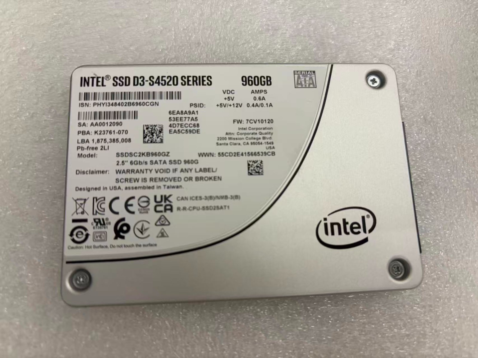 Intel D3-S4520 960GB SATA SSDSC2KB960GZ 7CV10120 6 Gbps SSD Solid State Drives