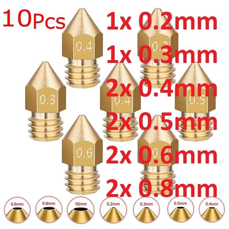 10pcs Assorted M6 Threaded Brass Nozzle Extruder 1.75mm MK8 3D Printer - CHICAGO