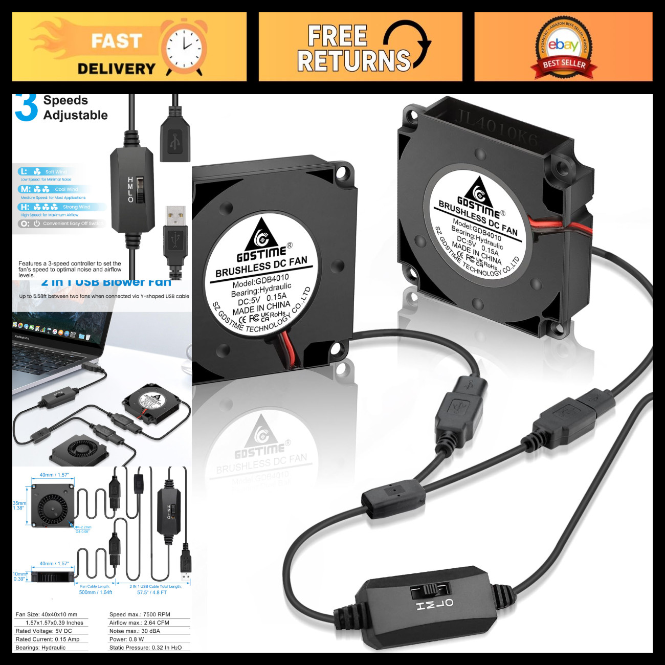 40mm USB Blower Fan 3 Speed Control DC 5V Powered - 2-Pack Cooling Fans
