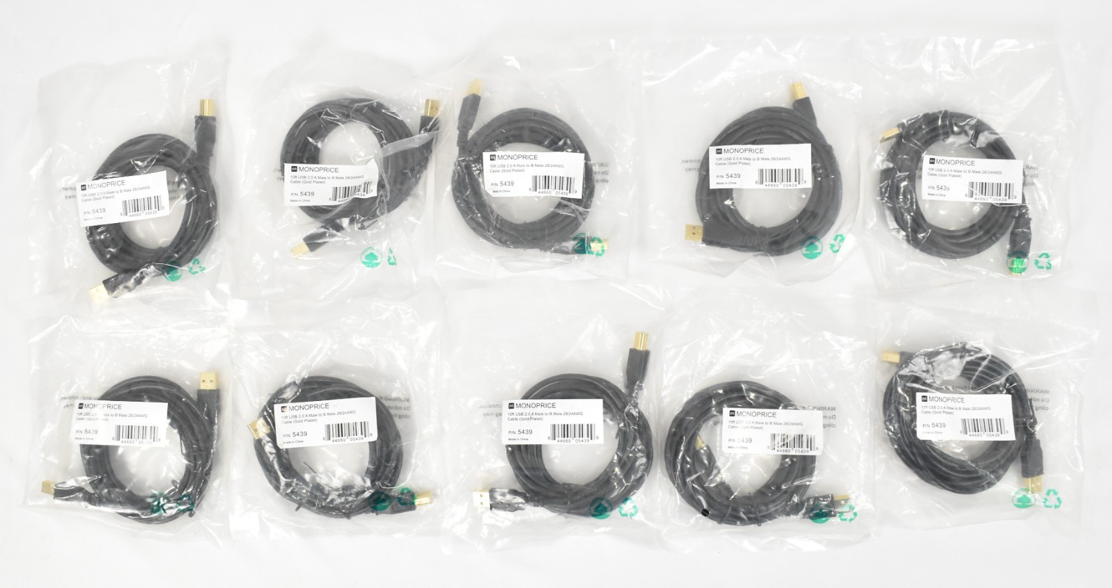 Lot of (10) Monoprice 10' USB 2.0 A Male x B Male Cable 5439