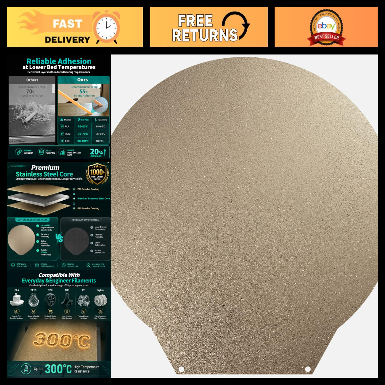 330mm Round Build Plate for 3D Printers - Double-Sided Textured PEI, Flexible Ma