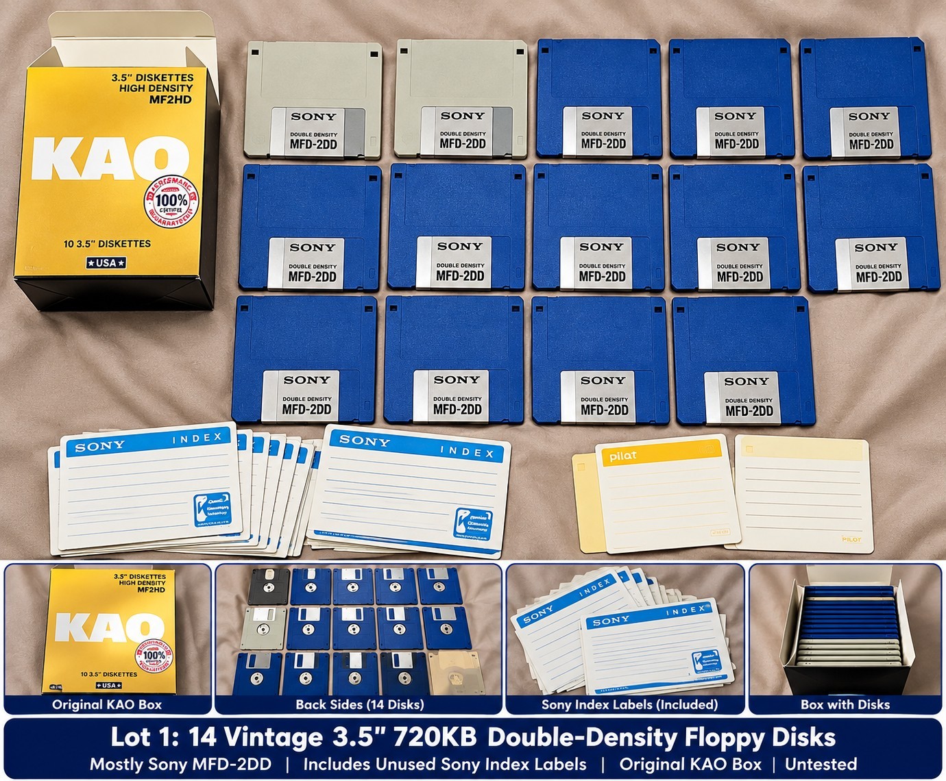 14 Vintage Sony 3.5" 720KB DD Floppy Disks MFD-2DD + Labels KAO Box