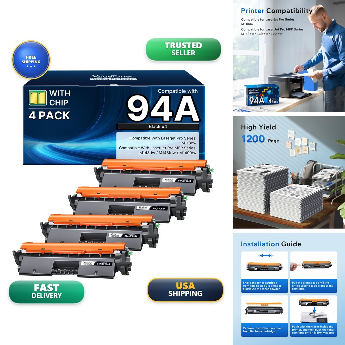 Valuetoner CF294A 94A Black Toner Cartridge Replacement for HP