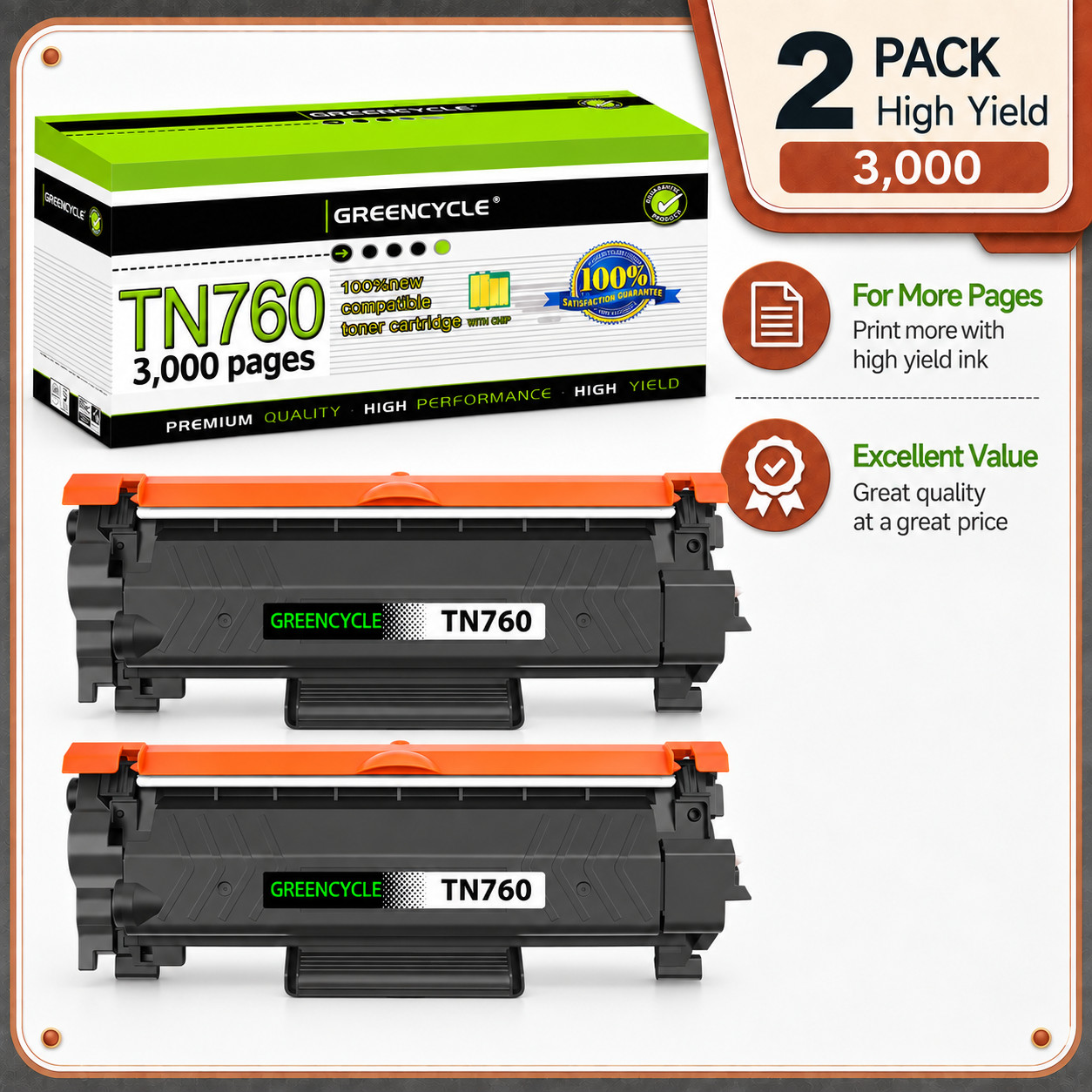 GREENCYCLE 2PK TN760 Black Toner for Brother HL-L2370DW DCP-L2550DW HL-L2395DW