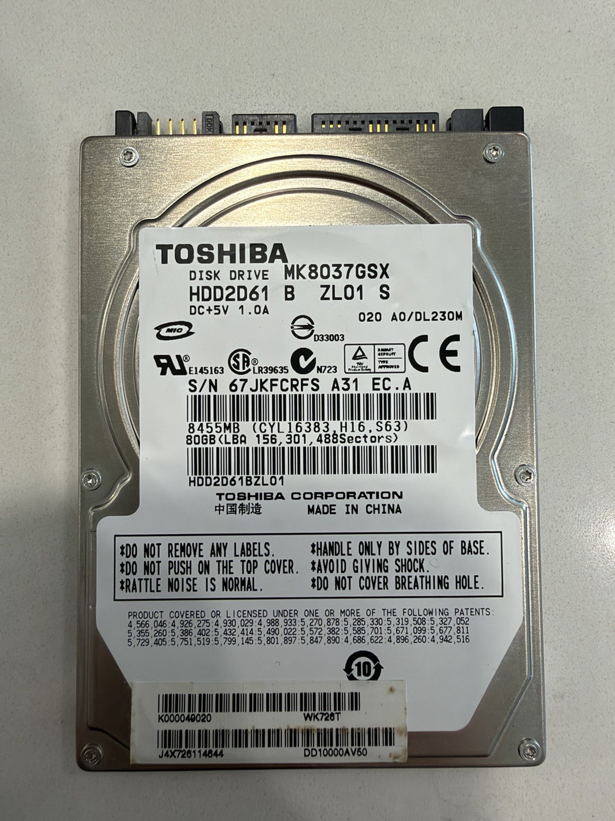 MK8037GSX HDD2D61 TOSHIBA SATA HARD DRIVE 80GB 5400RPM HP P/N 440638-001