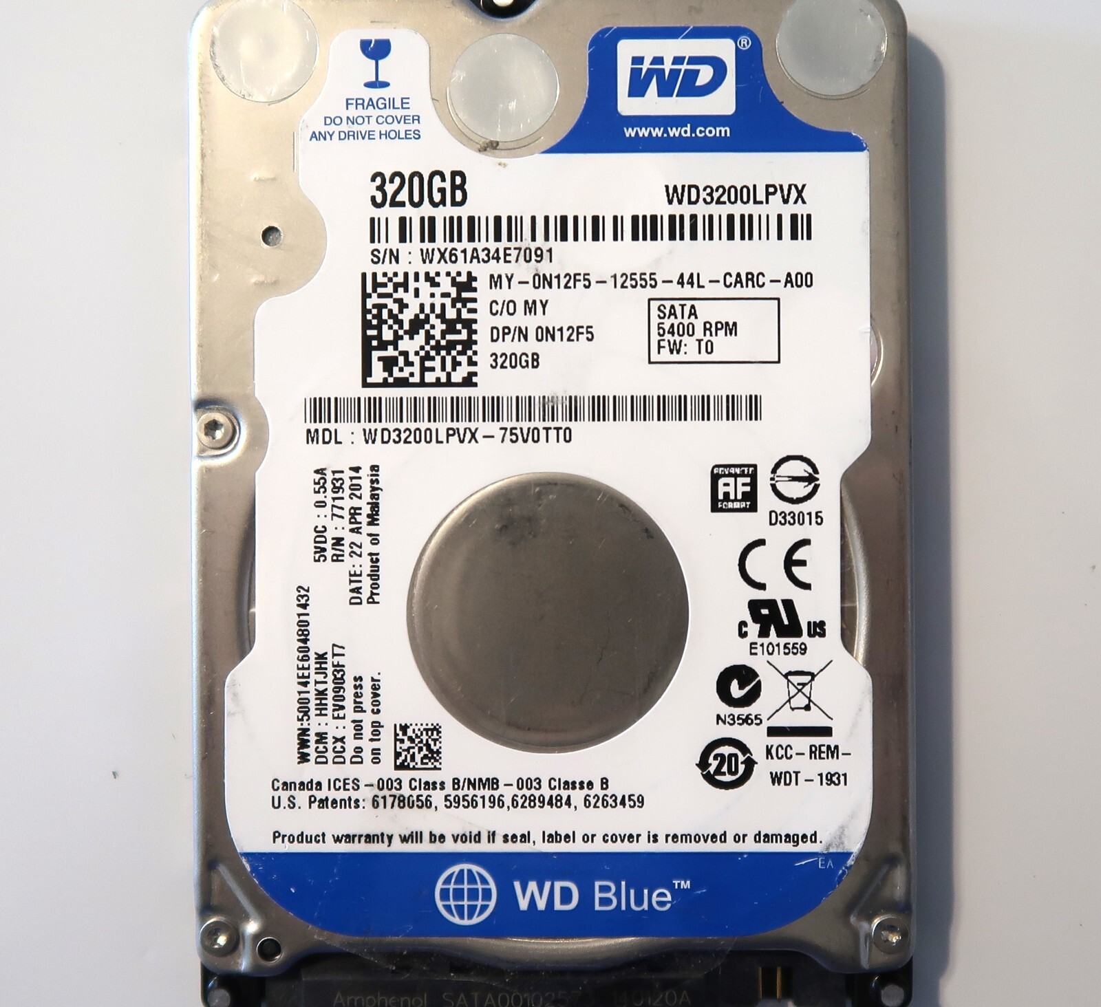 WD WD3200LPVX-75V0TT0 HHKTJHK (WX61) Malaysia 320gb 2.5" Sata HDD 22APR2014