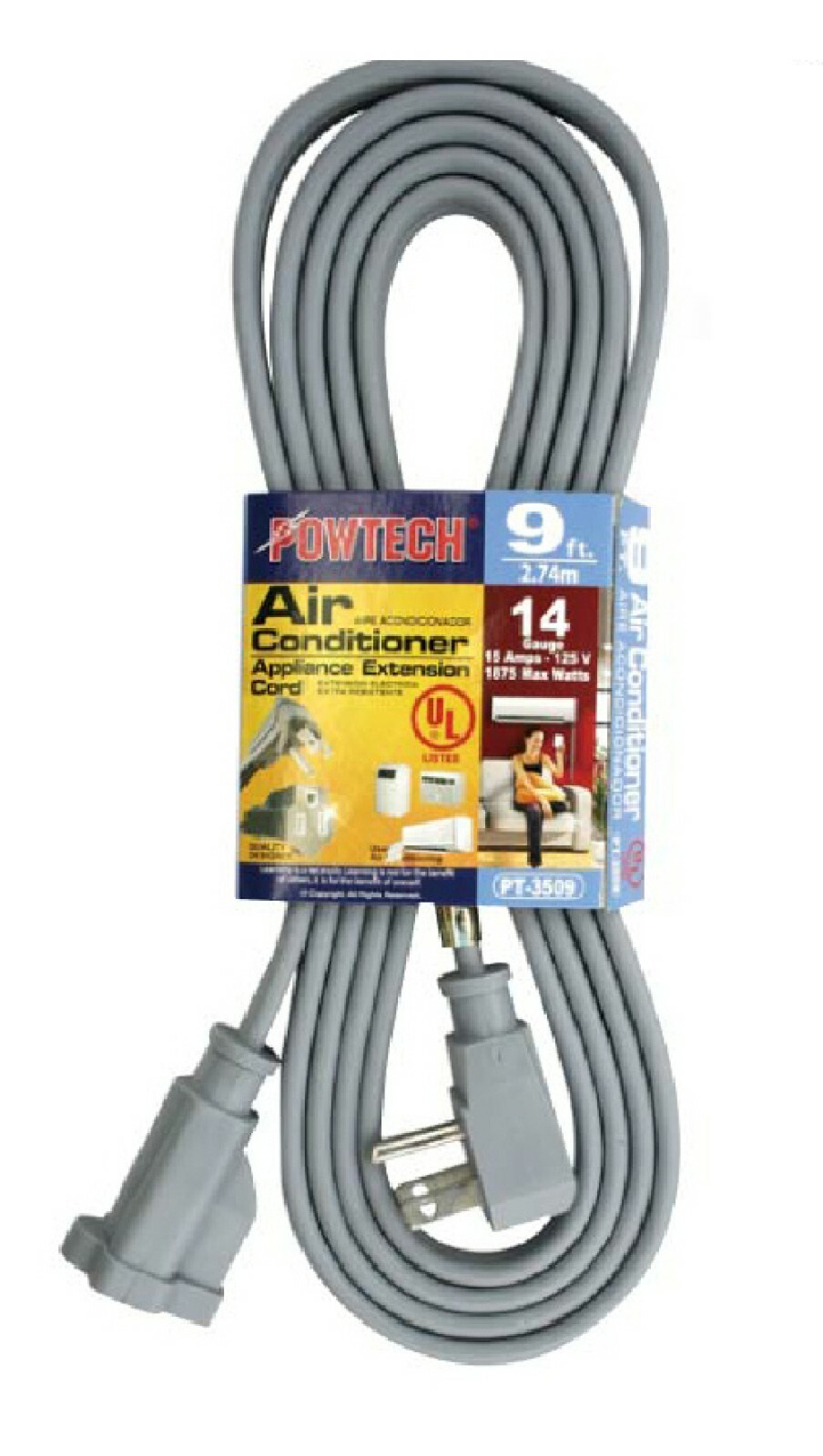 9ft Heavy Duty Appliance AC Power Electric Extension Cord 14 Gauge 15A UL Gray