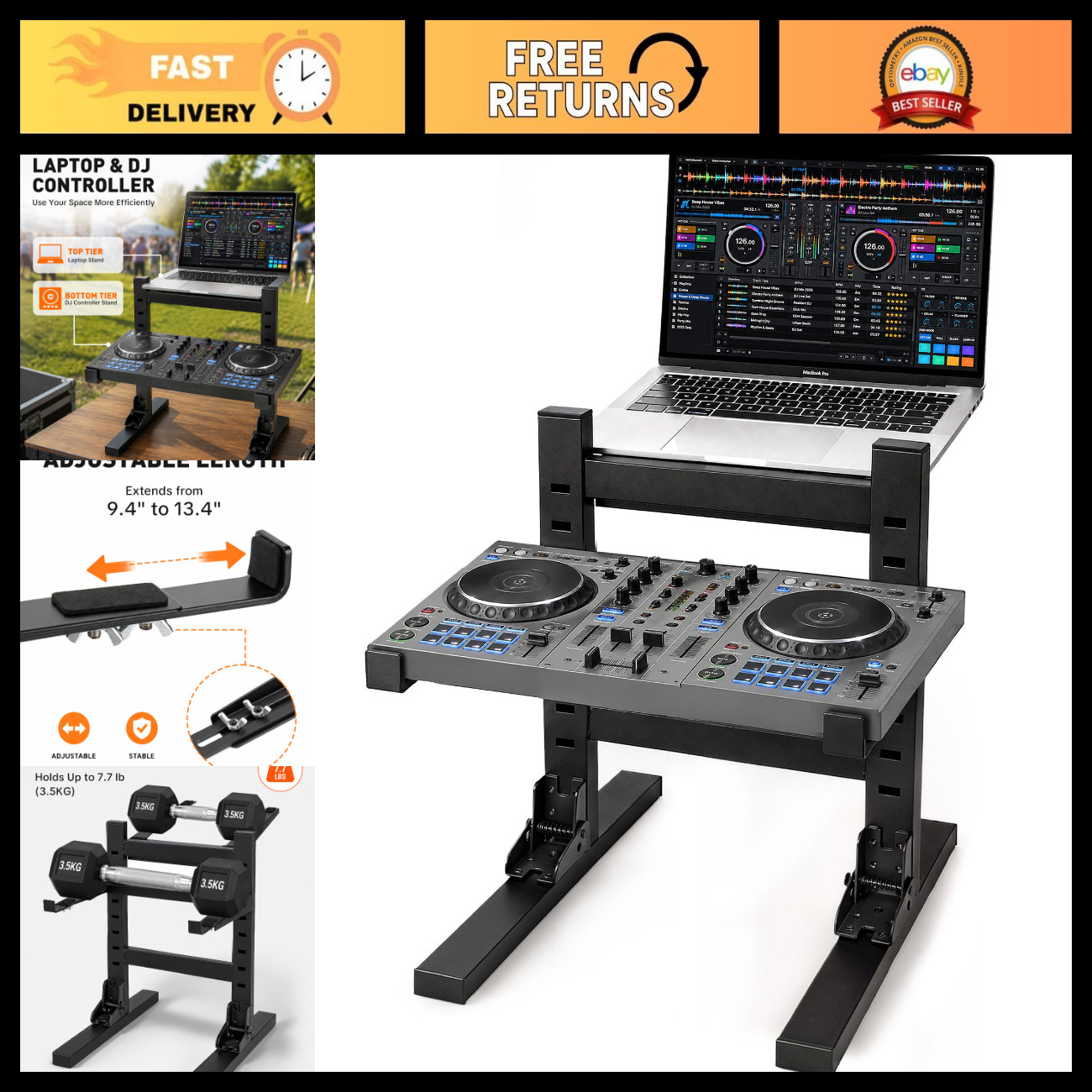 Dual Tier Foldable DJ Laptop Stand for Controller & Laptop - Adjustable Height