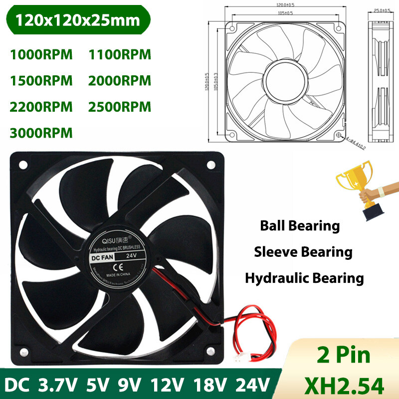 12025 DC Brushless Cooling Fan Mini Silent 3.7V 5V 9V 12V 18V 24V 1000-3000RPM