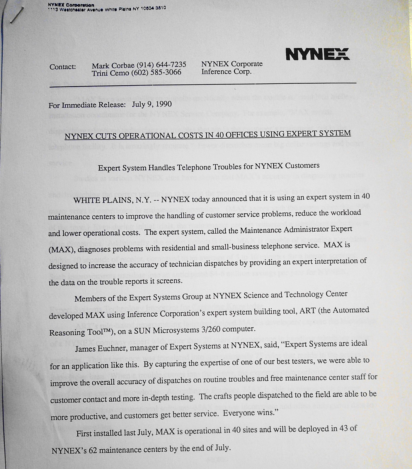 [Artificial Intelligence] 1990 Nynex Press Release - Expert system cuts costs