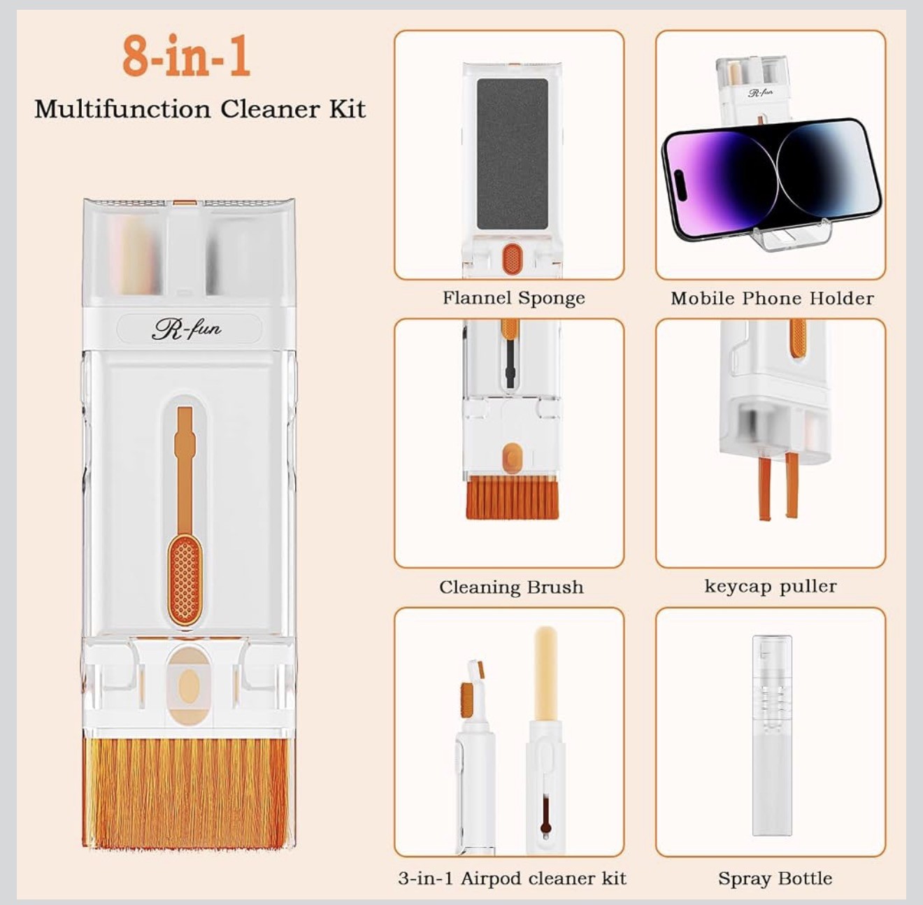 8  in 1 Multifunction Screen Keyboard Cleaner Kit Phone Stand Holder 5ml Cleaner
