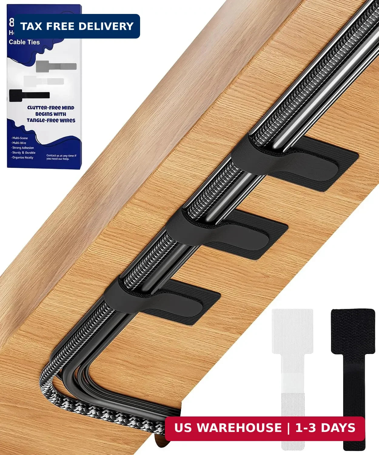 80PCS Hook and Loop Cable Ties, Under Desk Cable Management, Adhesive Cable Stra