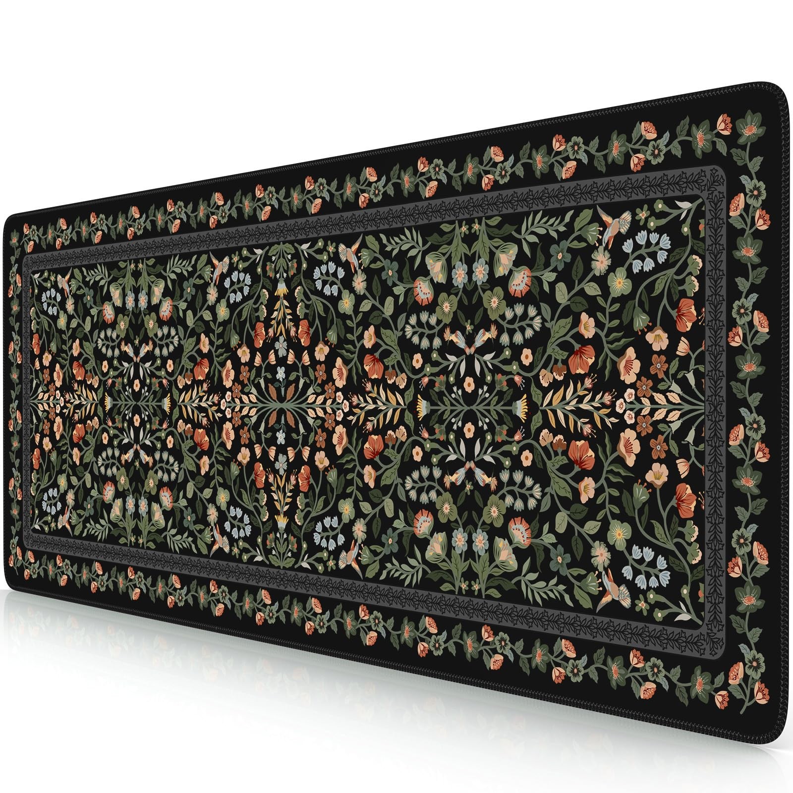 Aesthetic Floral Desk Mat Retro Mouse Pad 31.5x11.8 Inch Black Workspace