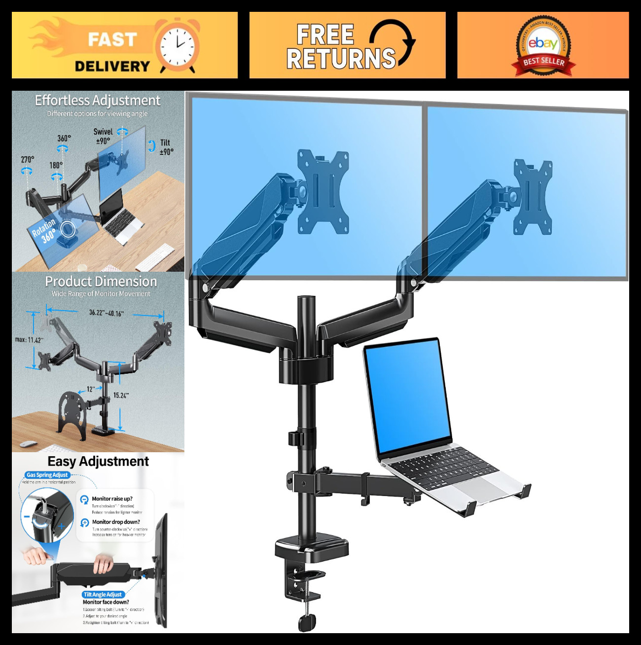Dual Monitor & Laptop Mount, Adjustable Stand for 2 x 27" Screens, 3-in-1 Desk H