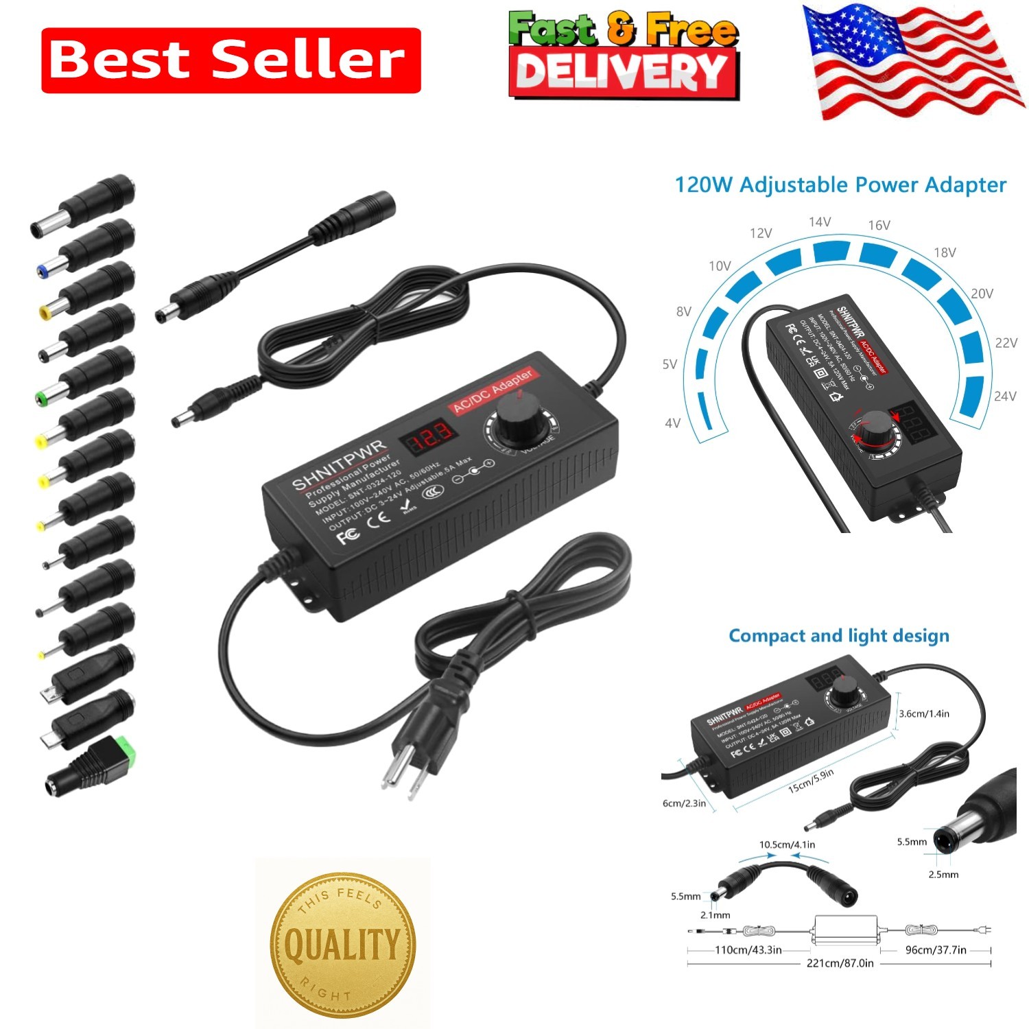 Versatile 120W AC Adapter - Adjustable 4V-24V Power Supply w/ 14 Tips & LCD D...