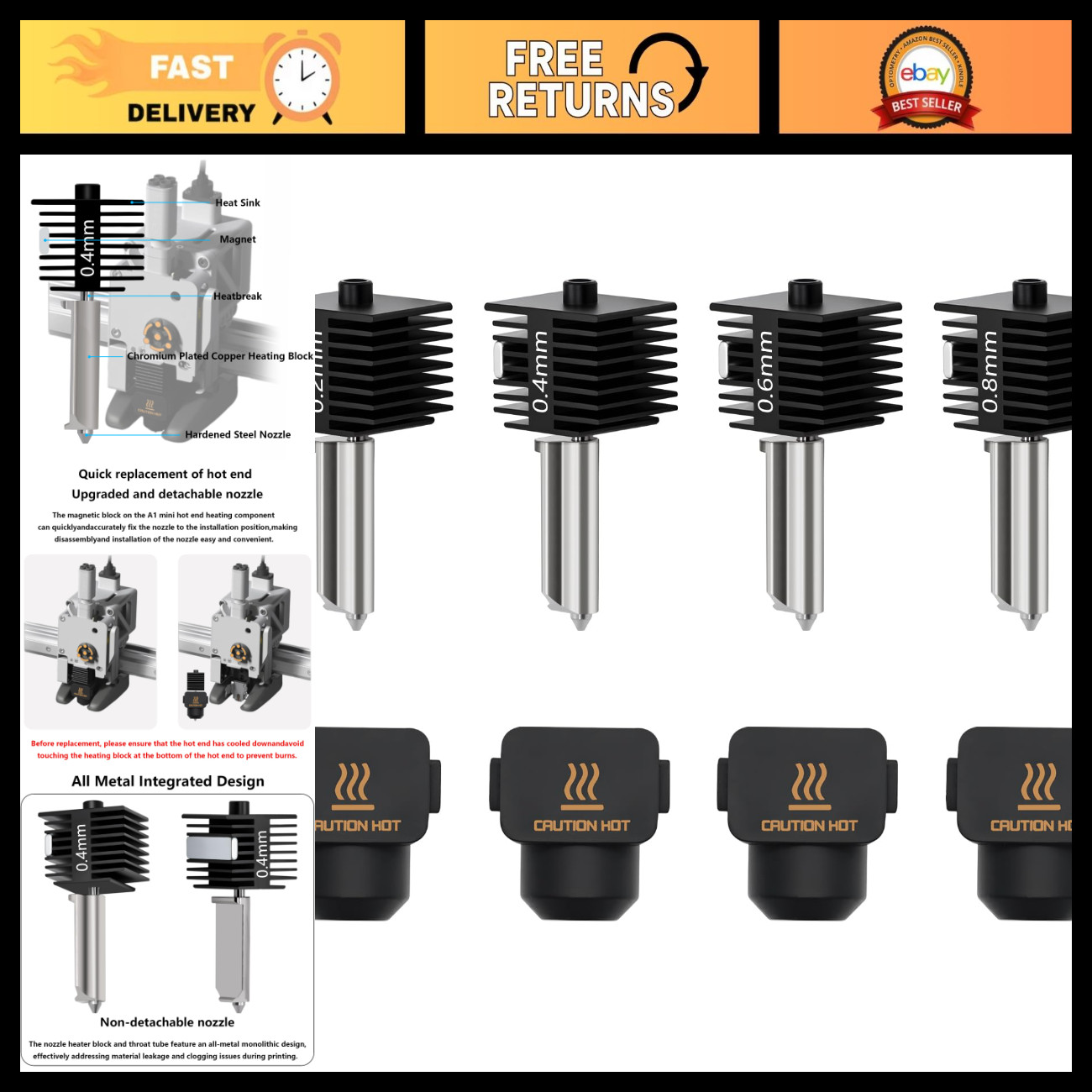 4PCS Hardened Steel Hotend Nozzle Kit 0.2mm 0.4mm 0.6mm 0.8mm for 3D Printers