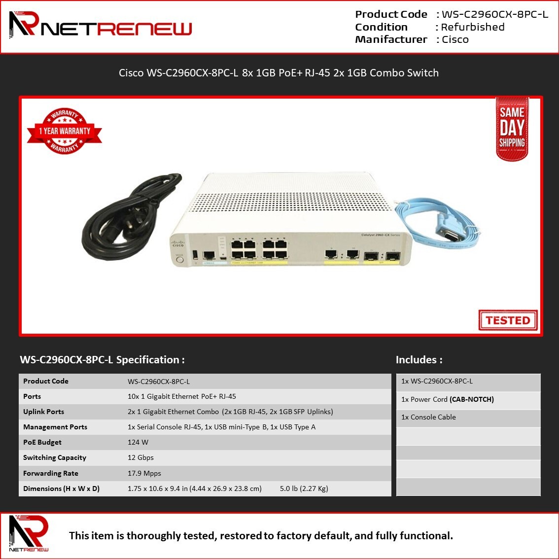Cisco WS-C2960CX-8PC-L Catalyst 8x 1GB PoE+ RJ-45 2x 1GB Combo Switch