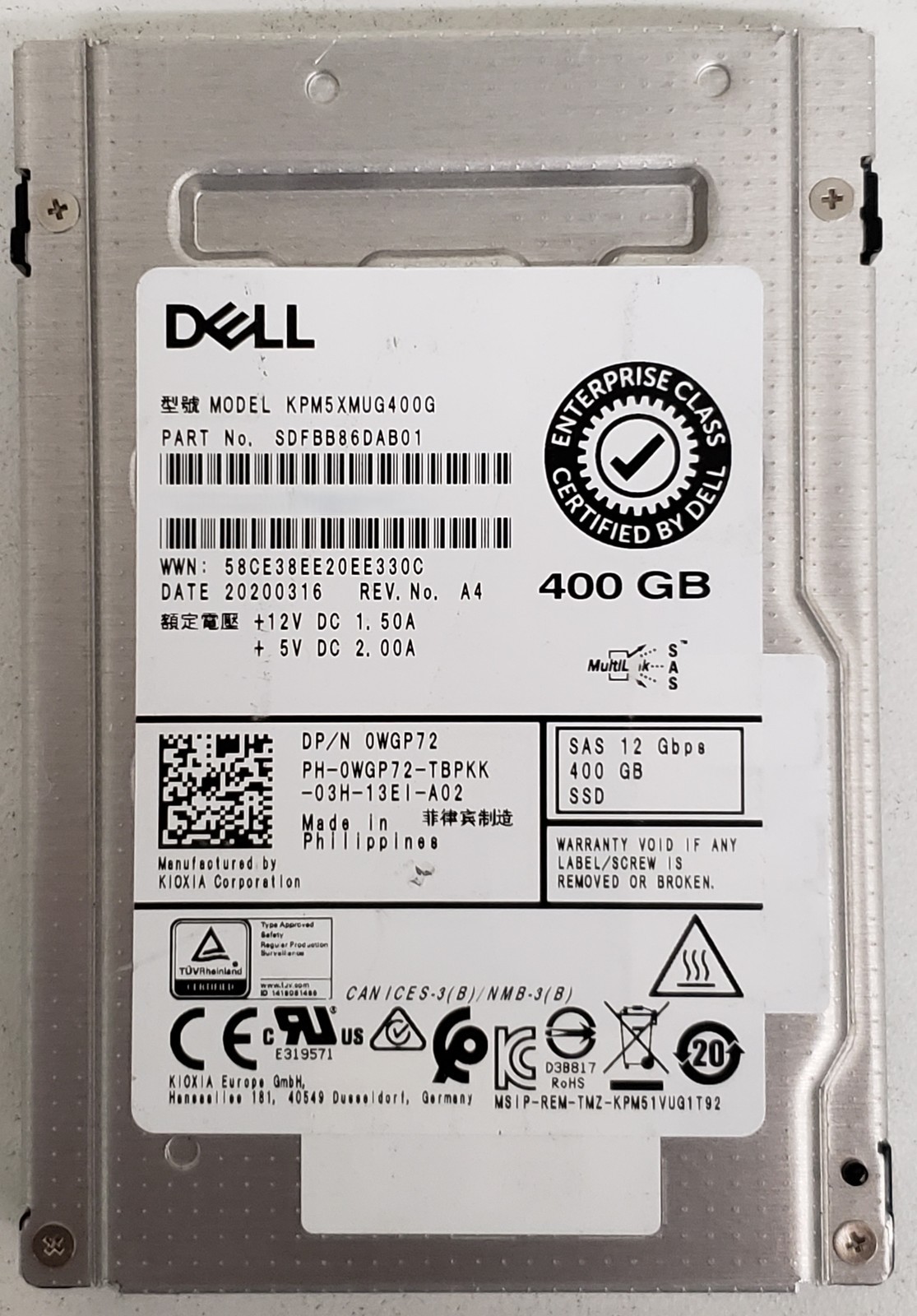 Dell KPM5XMUG400G 400GB 2.5" 12Gb/s SAS SSD Enterprise SSD P/N: SDFBB86DAB01.