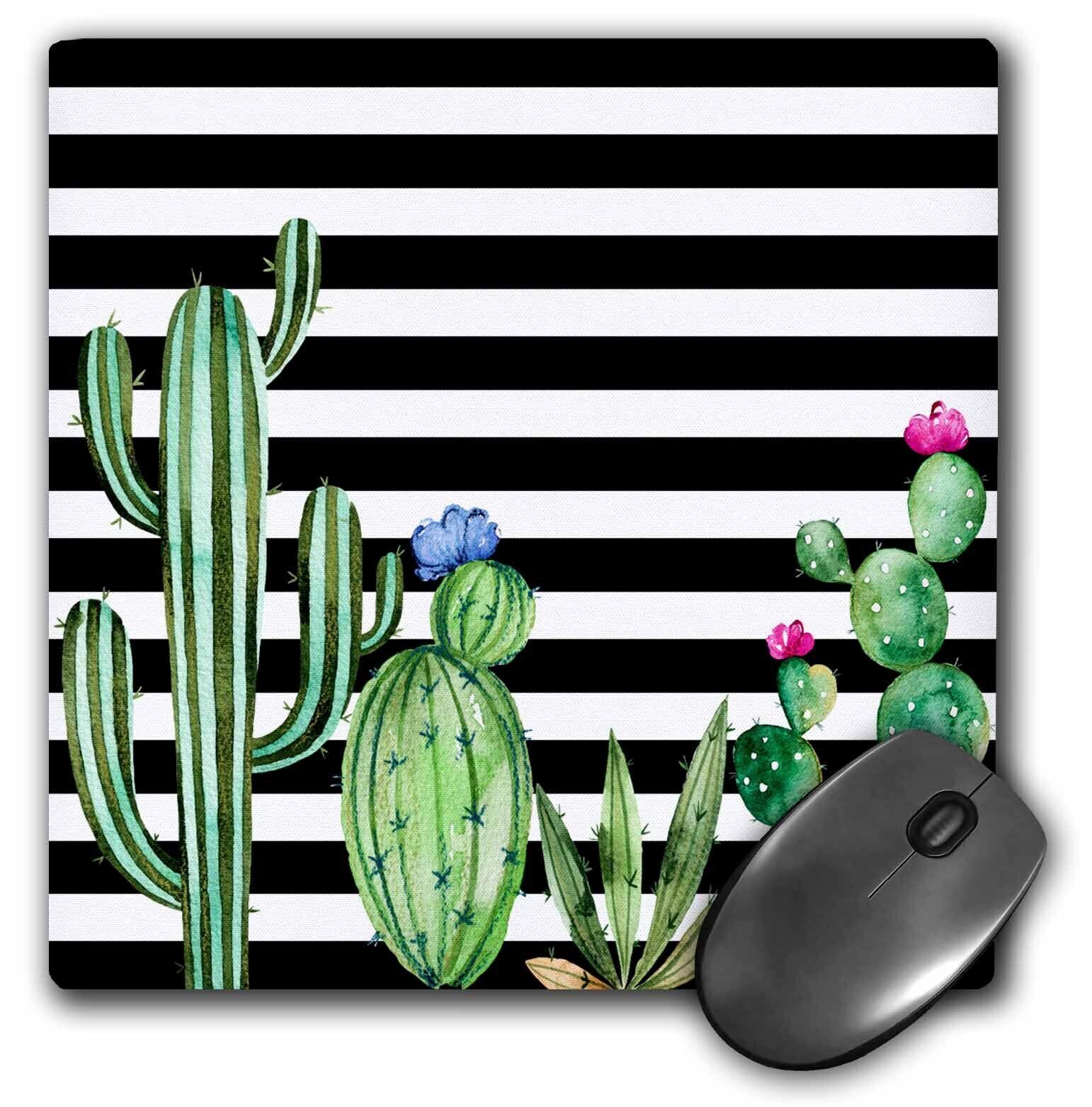 3dRose Black and White Stripes Watercolor Flowering Cactus MousePad
