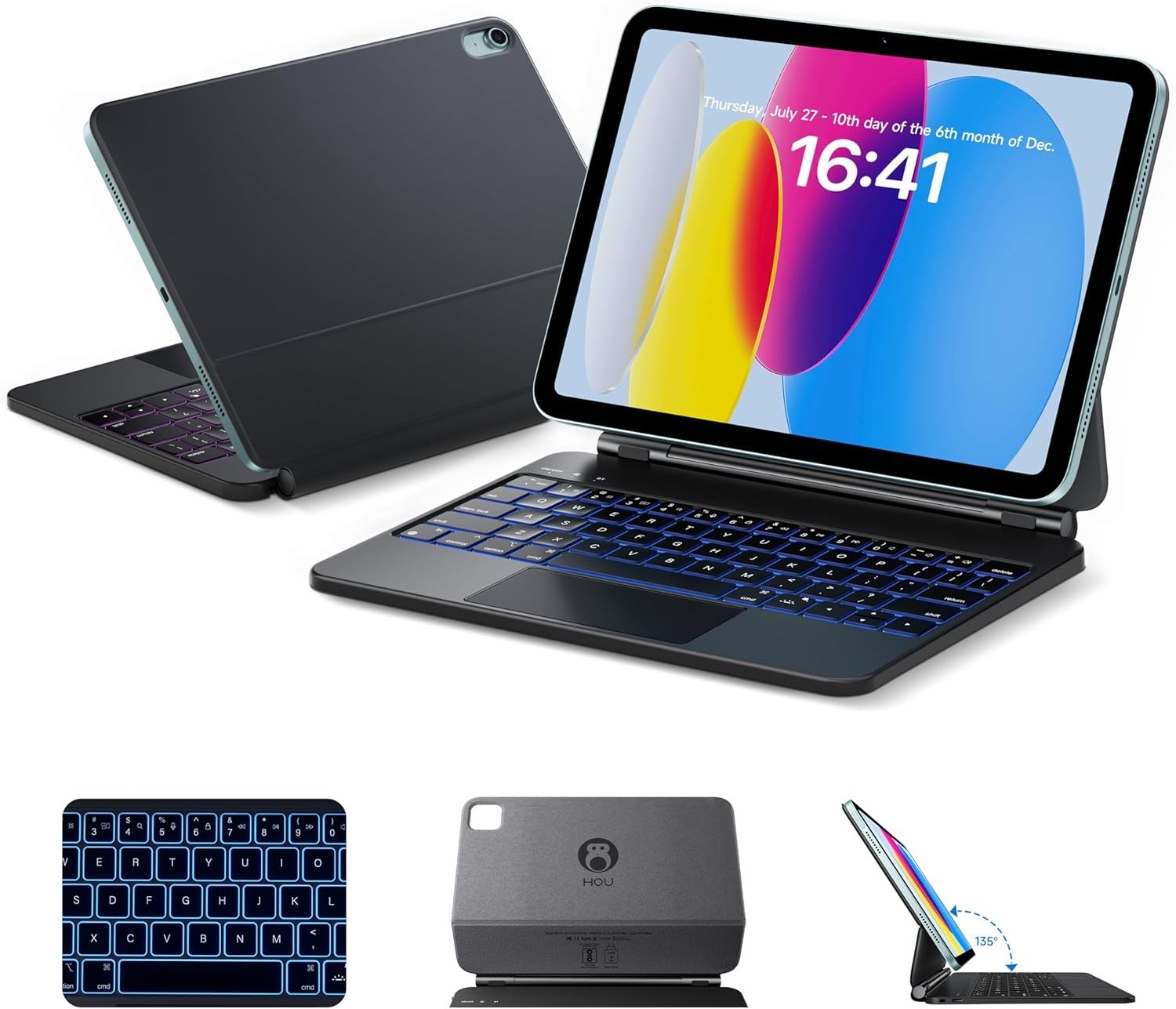 HOU Keyboard Case for iPad 11 (A16),  Magnetic Magnet Stand, 7 Colors Backlit