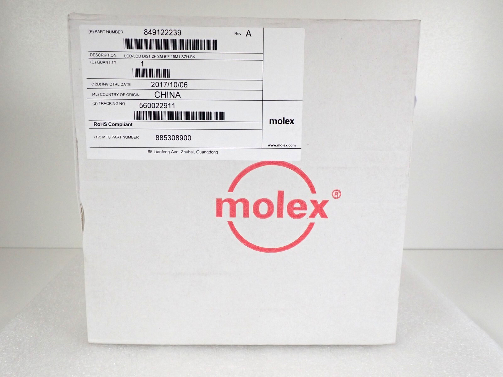 Molex 849122239 Fiber Optic Cable - LCD-LCD DIST 2F SM BIF 15M LSZH-BK