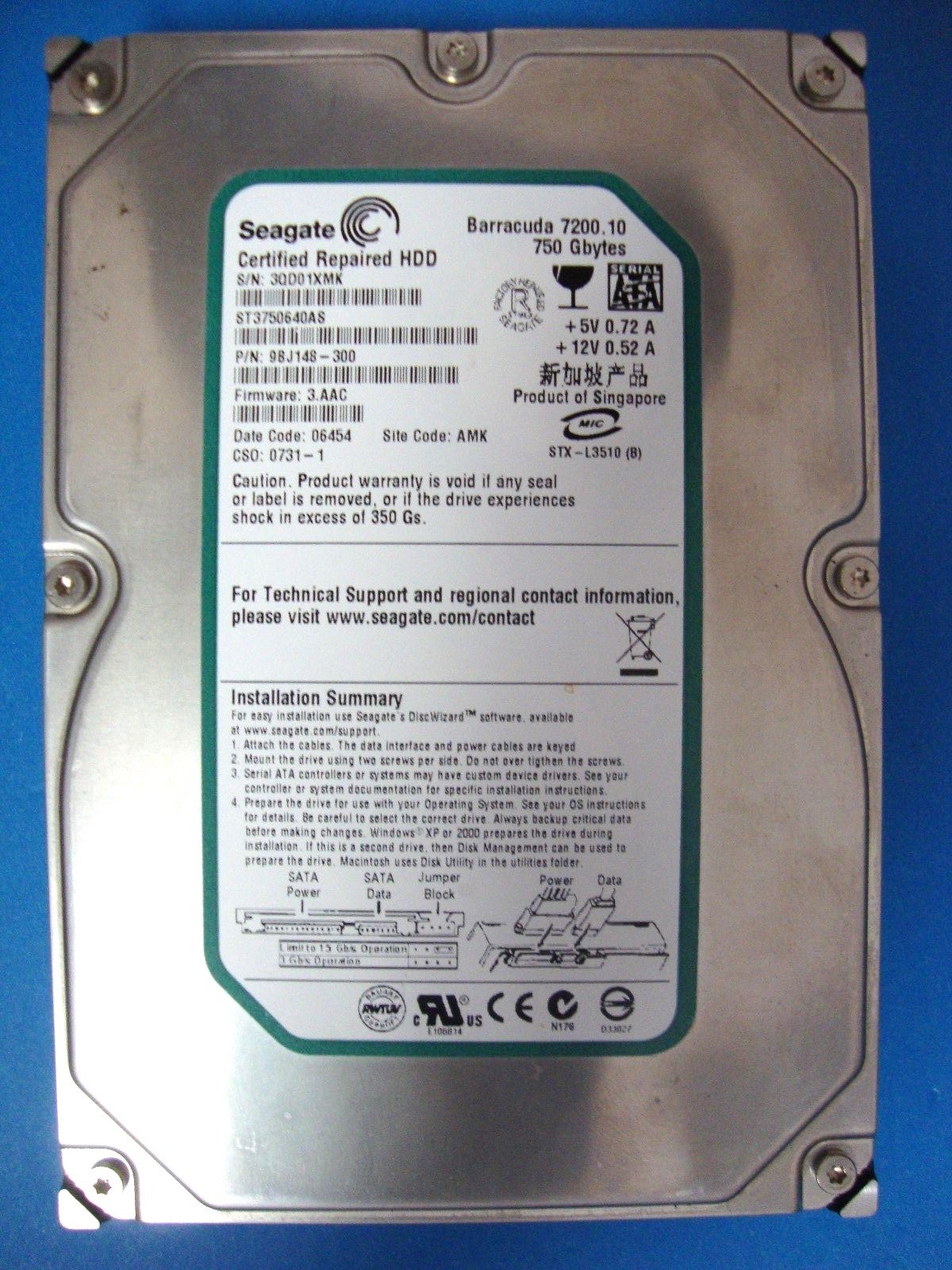 Seagate Barracuda ST3750640AS 750GB SATA Hard Drive 9BJ148-300  FM:3.AAC  AMK 