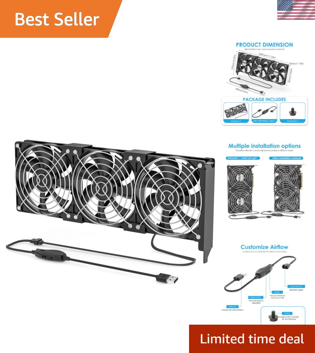 Graphics Card Cooling Fan with 4-Pin to USB Speed Control
