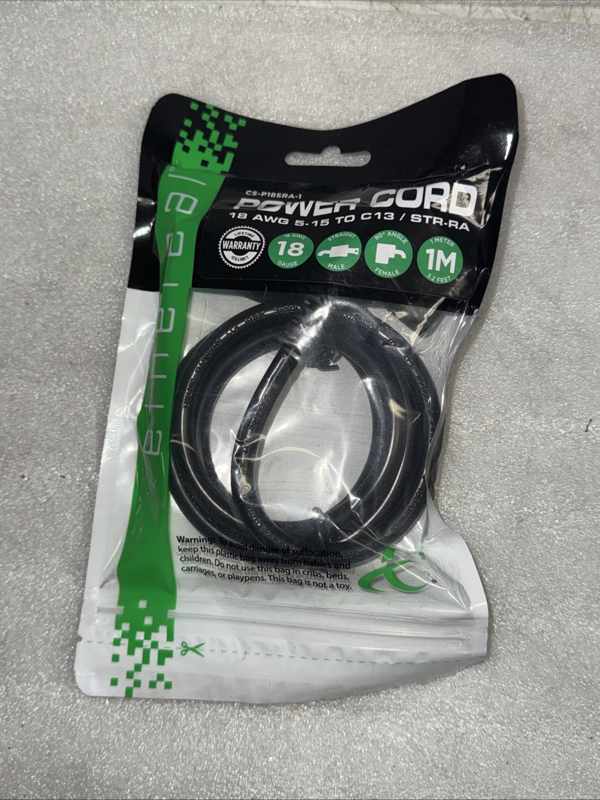 Ethereal CS-P18SRA-2 18AWG 5-15P to C13 Right Angle Power Cord 1 M