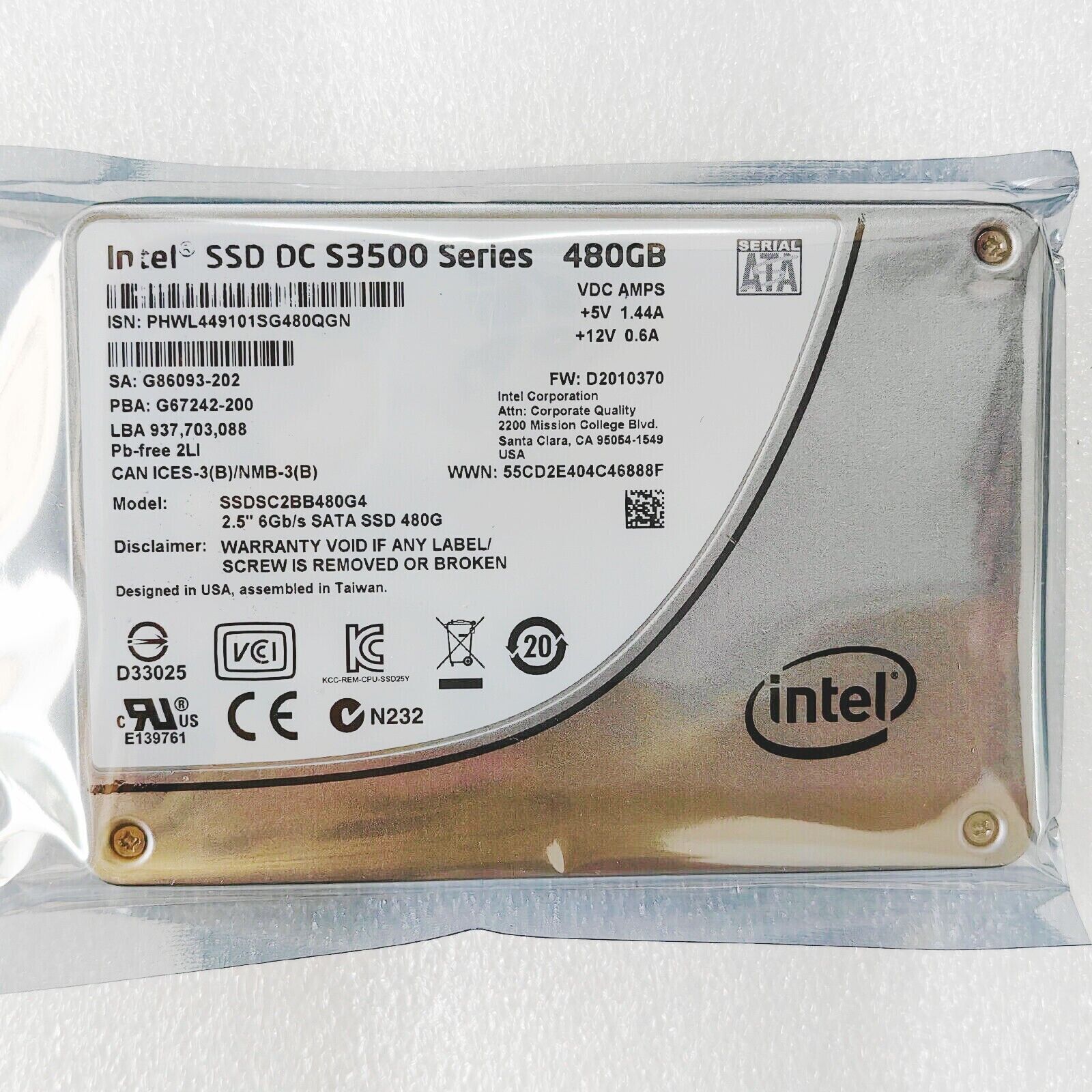 Compatible Intel 480GB S4500 DC Series 2.5"" SSD SATA3 SSDSC2KB480G7