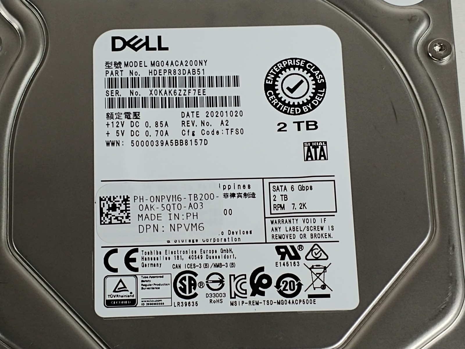 Toshiba Dell MG04ACA200NY 2 TB SATA III 3.5 in Enterprise Drive