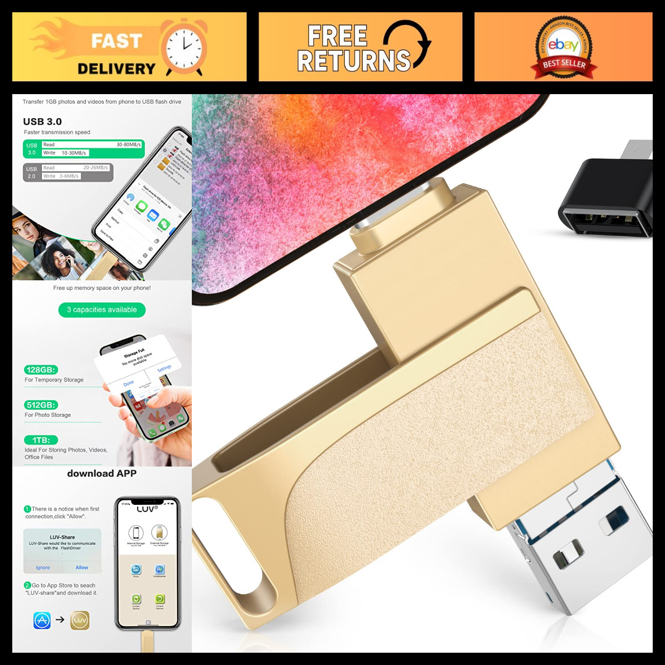 512GB Photo Stick for Smartphones - 4-in-1 USB Drive, Transfer Photos/Videos, iP