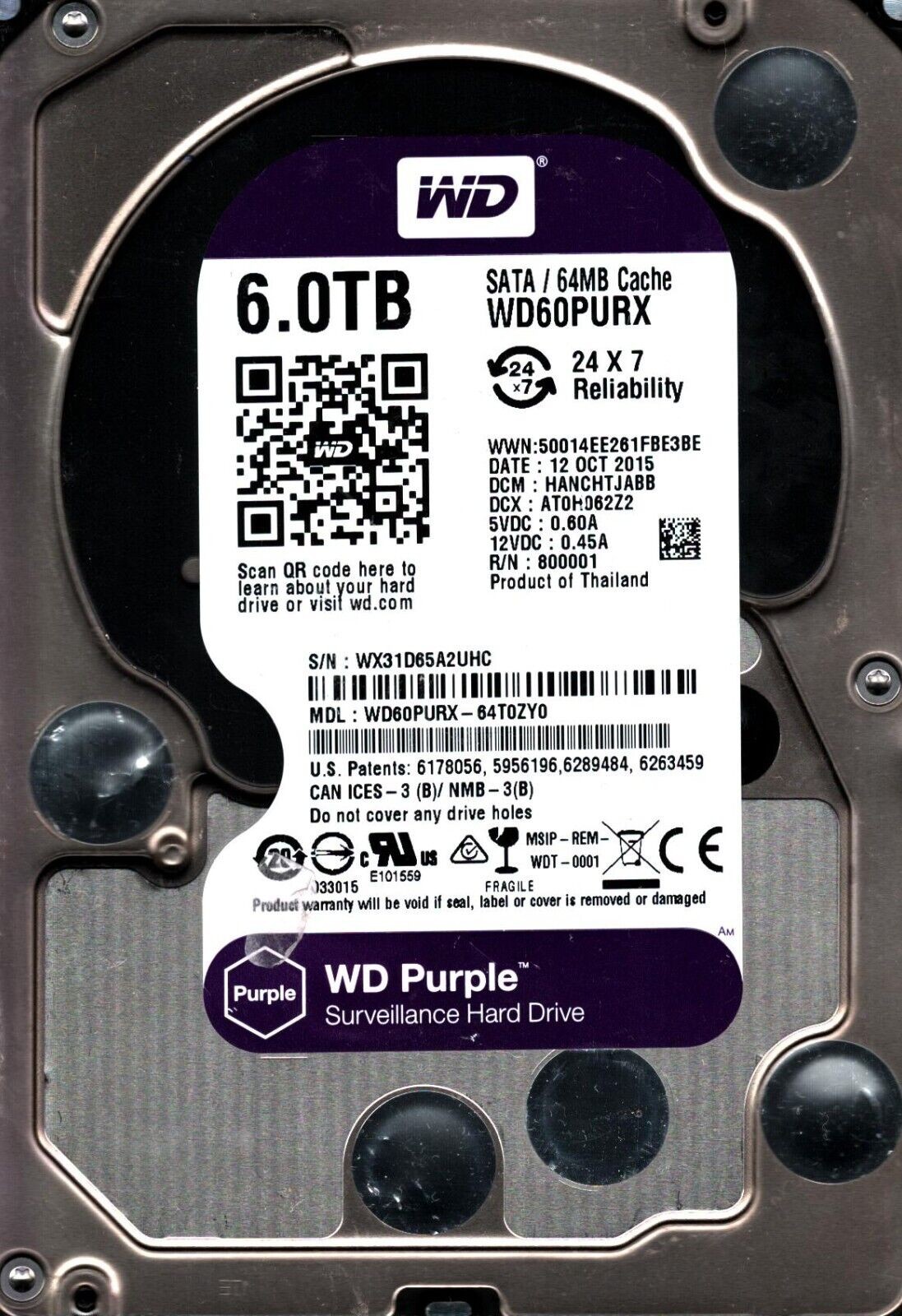 WD60PURX-64T0ZY0 S/N:WX31D DCM: HANCHTJABB WESTERN DIGITAL 6TB THAILAND OCT 2015
