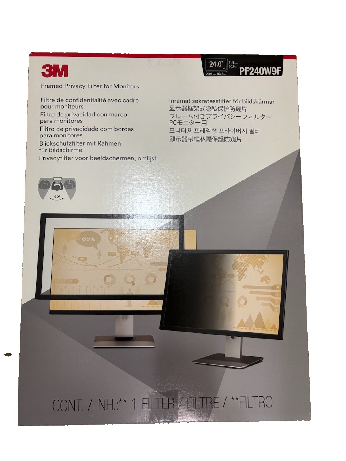 3M PF240W9F Framed Privacy Filter 24" Widescreen Monitor 16:9