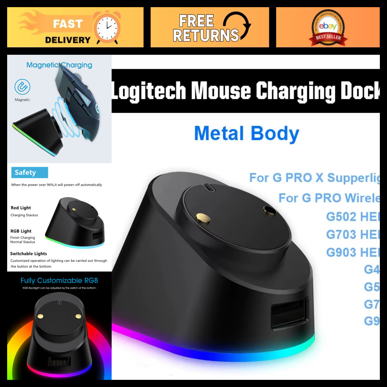 RGB Metal Mouse Charging Dock - Magnetic Wireless Charger for Logitech G Pro, X