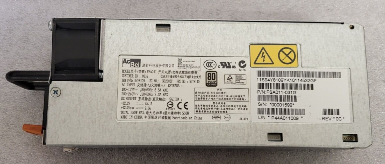 IBM x3650 M4 Server FSA011-031G 550W Power Supply- 94Y8075 FSA011-031G US SELLER