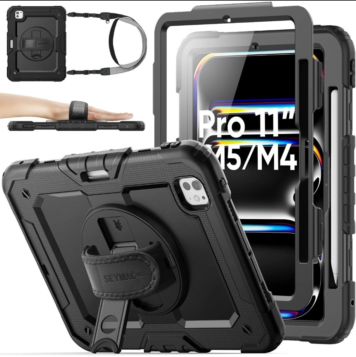 Seymac Rugged Case for iPad Pro 11" M5 2025/M4 2024 Black, Shockproof 