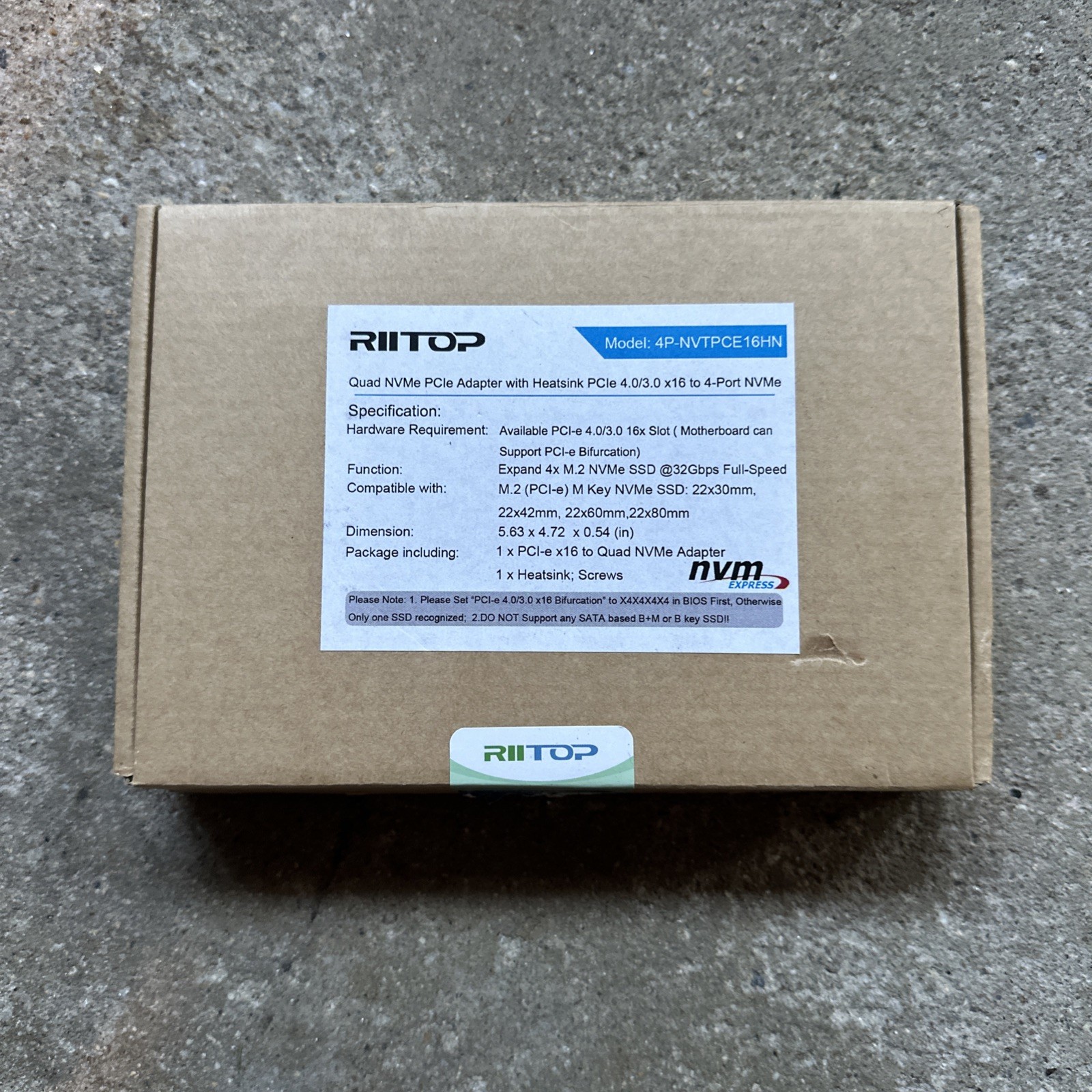 Riitop 4p-NVTPCE16HN Quad M.2 NVMe to PCIe Adapter With Heatsink NEW OPEN BOX