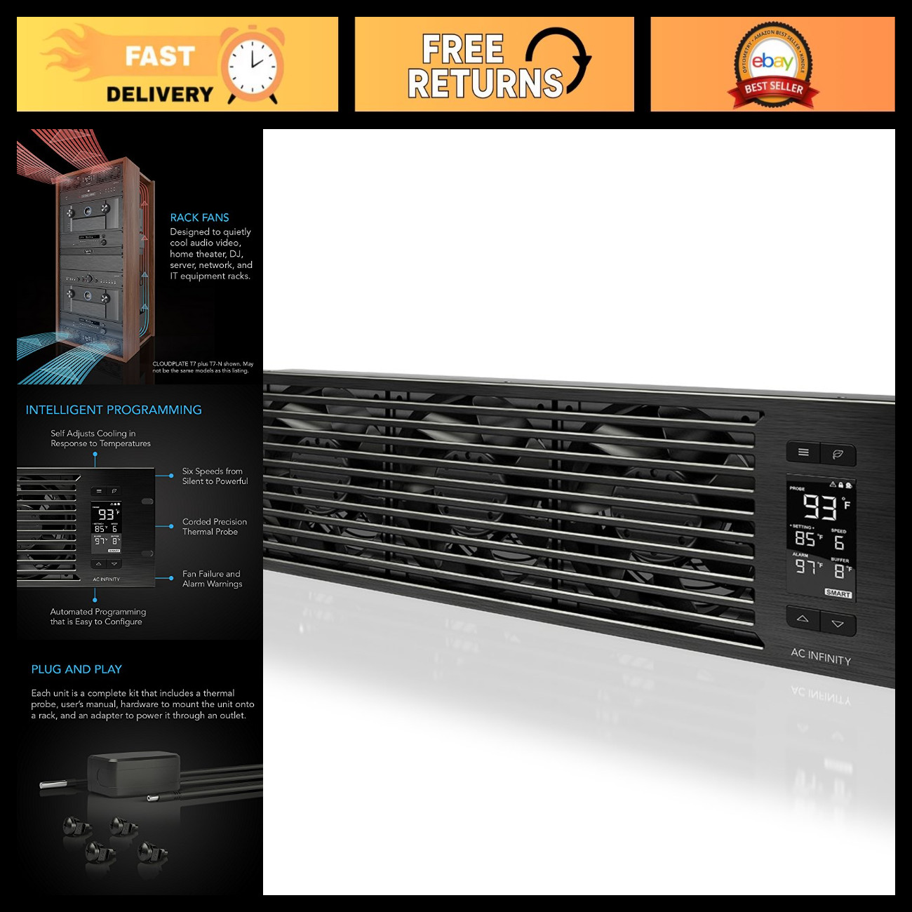 3U Rack Mount Fan Panel, AC Infinity CLOUDPLATE T9-N, High Airflow Intake Coolin